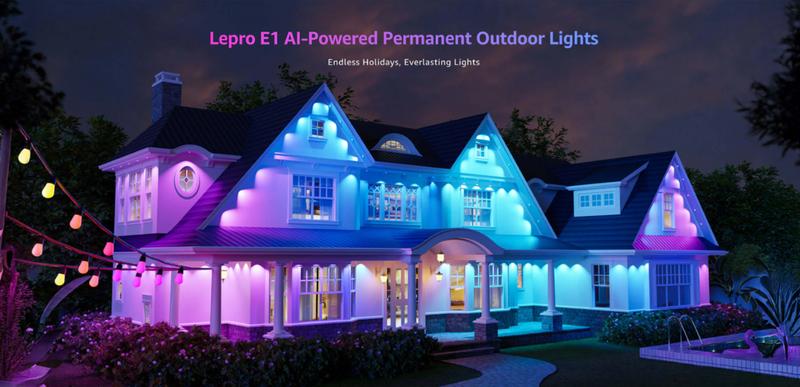 Lepro AI Permanent Outdoor Lights E1-60 100ft with 60 Triple-LED RGBIC+Warm/Cool White Smart Lighting App Control Alexa Google Enabled for Christmas Halloween