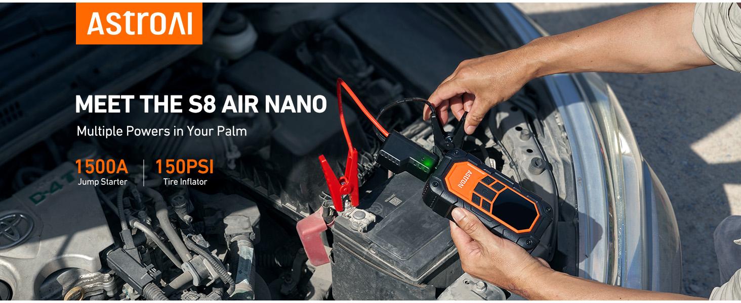 AstroAI S8 Air Nano Jump Starter with Air Compressor, 1500A Peak Car Battery Jump Starter Portable (6.0 Gas/3.0L Diesel) with 150PSI Auto-Shutoff Tire Inflator, 12V Battery Charger Booster(Orange)