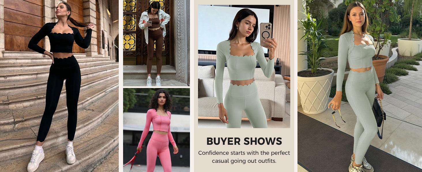 Fisoew Two Piece Workout Sets For Women High Waisted Scolloped Leggings with Crop Tops Gym Yoga Active Wear Outfits