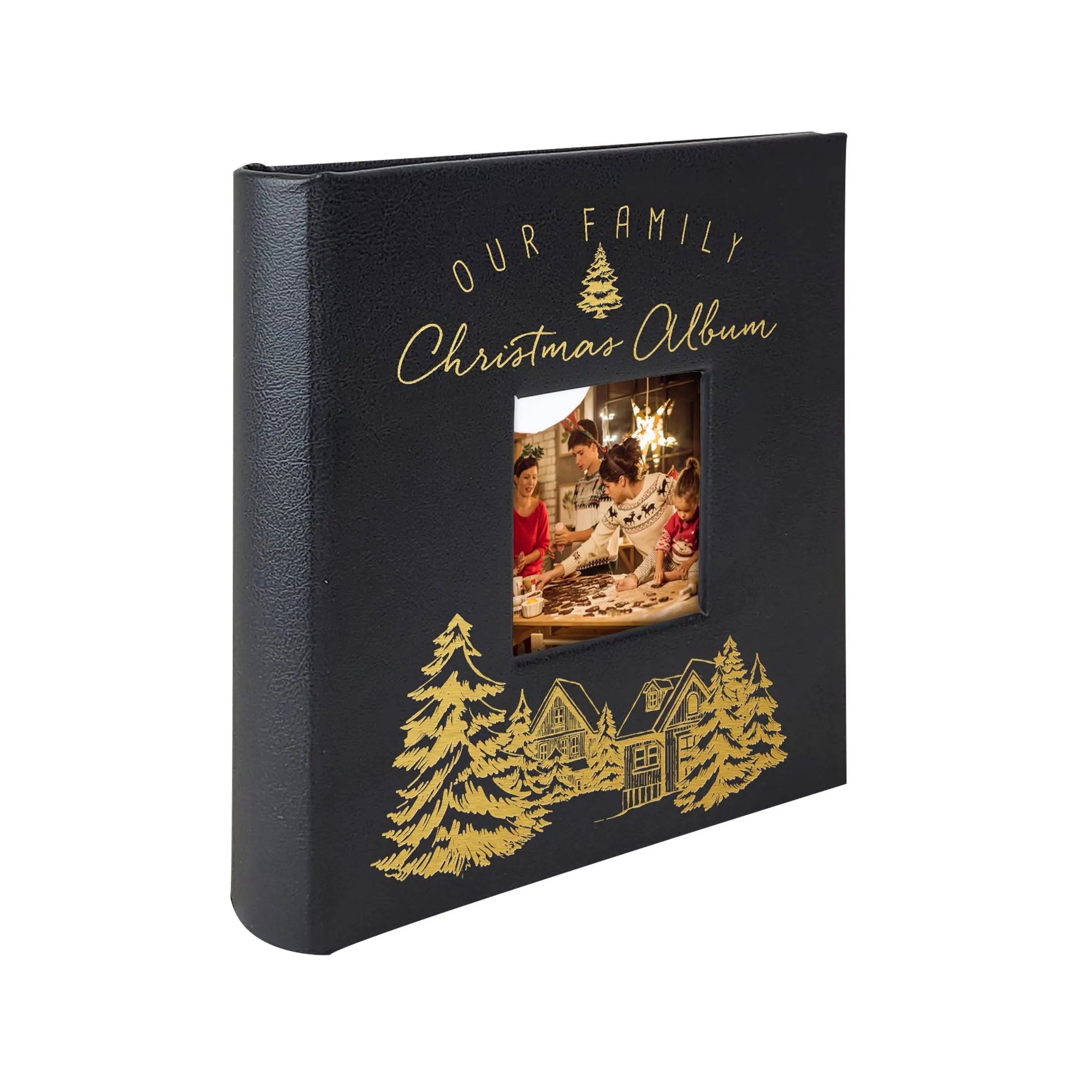 Our Family Christmas Black Photo Album with Gold Foil Tree Design â€“ Personalized Leather Holiday Picture Book Keepsake