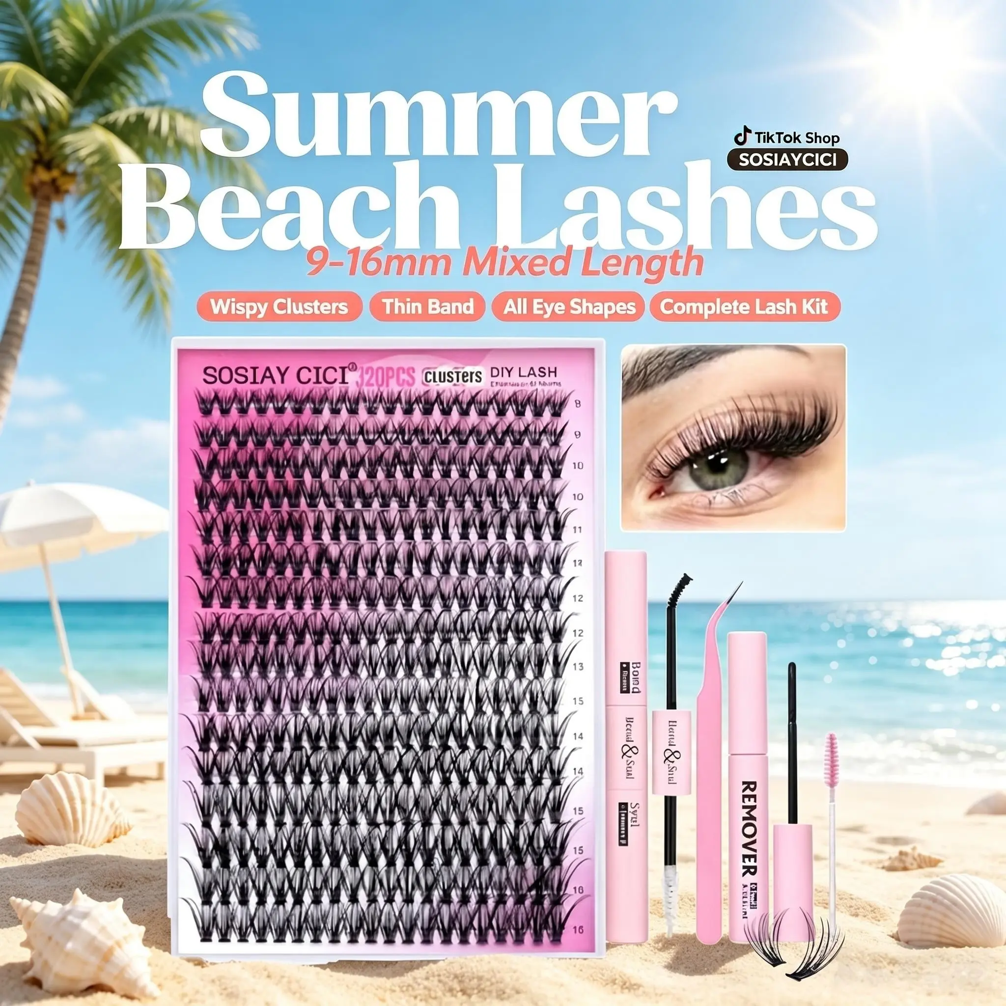 DlY Eyelash Extension Kit Summer Style 320 Pcs 40D Curl Clusters Individual False Eyelashes, Mixed 9-1ómm, with LashBond & Seal, Eyelash Tweezers, Eyelash Remover, Eye Makeup Enhancement Products, DlY Lash Extensions at Home, Mother's Day Gift Cosmetic