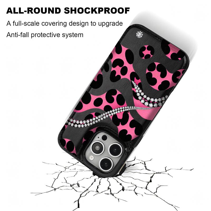 Diamond leopard print Pattern Phone Cases Compatible For With iphone 17 16 15 14 13 12 PRO PLUS MAX AIR PU Black Brown Pink Durable Flip High quality Leather Credit Card Bag Holder Mother Gift Wallet Shockproof Anti-Drop Full Protection Shell Cover