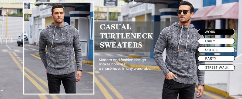 COOFANDY Fall Outfits Men's Knitted Hoodies Pullover Casual Comfortable Long Sleeve Turtleneck/High Neck Sweaters - For Casual/Business/Holiday Stylish Cotton
