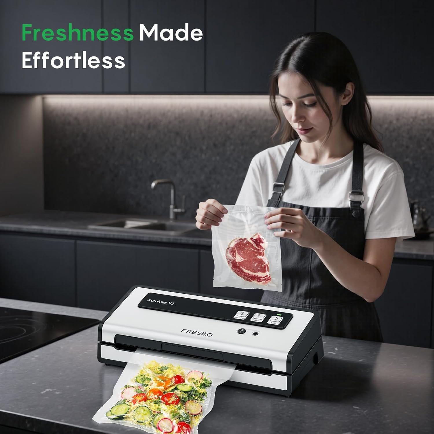 FRESKO Vacuum Sealer Machine with Automatic Bag Detection, Double Heat Seal, Compact Food Sealer, Easy to Use, Starter Kit