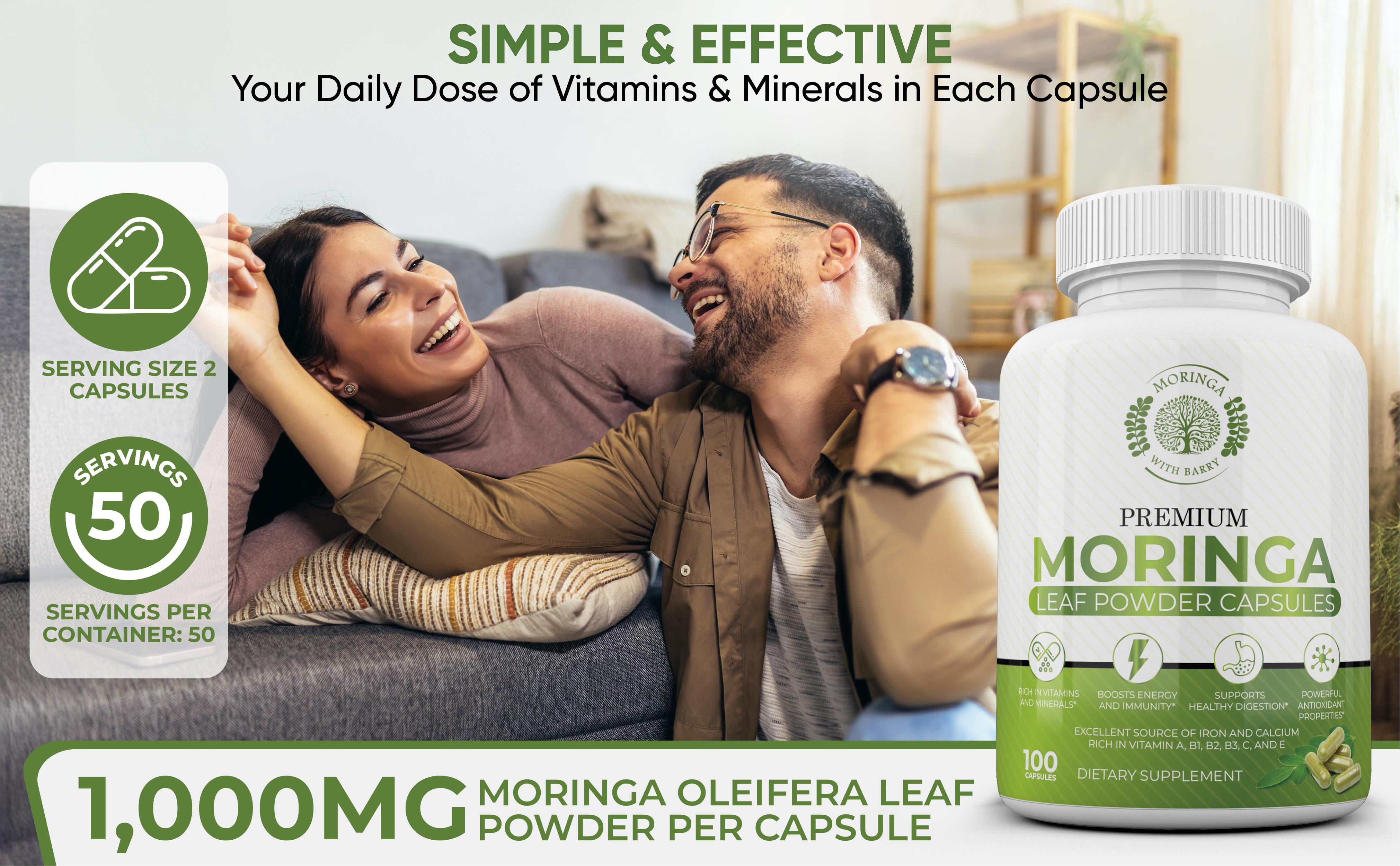 Moringa Leaf Powder Capsules - 100% Pure, Energy & Nutrient Boost, Rich in Vitamins, Antioxidants, & Minerals for Immune Health, Digestion, Vitality