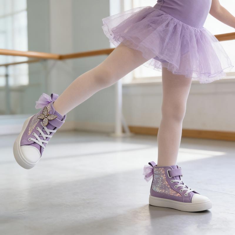 Toddler Sneakers for Girls Boys Canvas High Top Kids Fashion Sparkle Sequins Bow Shoes Running Walking Casual Shoes with Cute Sparkling Butterfly Design