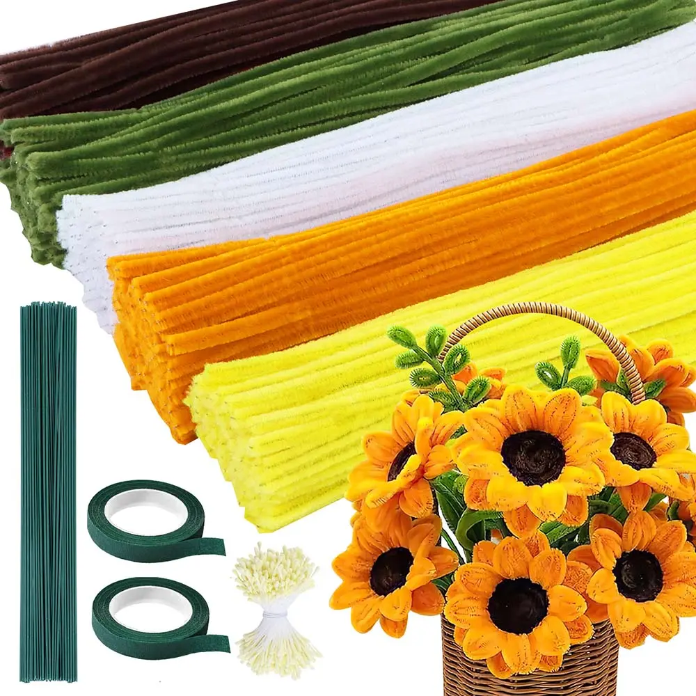 Sunflower Color Polyester Chenille Stems Pipe Cleaners (500 Pieces) - Flexible Decorative Art Crafting Supplies with Floral Wires, Gardening Tape, Stamen for Customized Craft DIY Projects