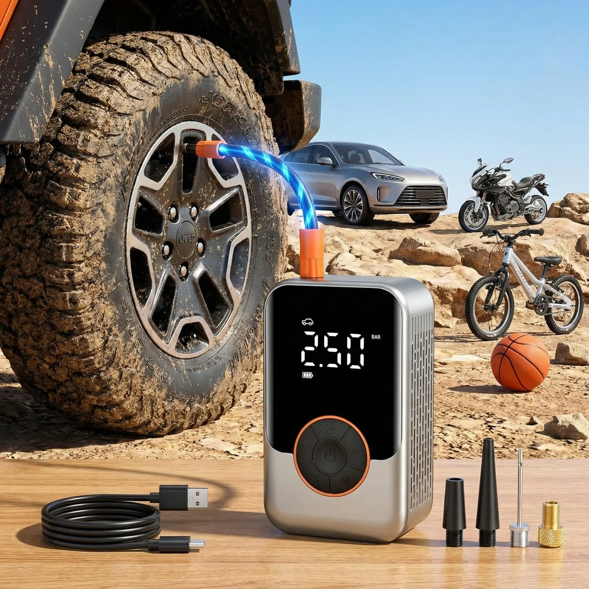 Amiss Compact Cordless Tire Inflator Tool - 150PSI Air Compressor with Digital Display, LED Light Assist, Cordless Freedom & Inflation Function - Car Repair Tool for Cars, Motorcycle