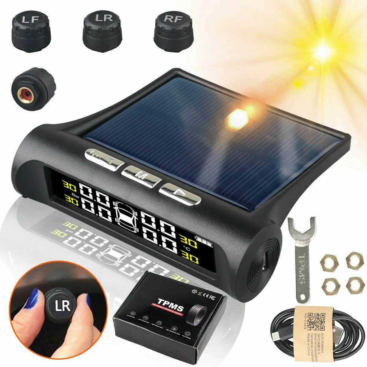 Dazone Car Tire Pressure Monitor System (TPMS) - 4 External Sensors, LCD Digital Display, Solar Power, USB Charge, 0-51psi Tire Gauge, Easy Install for RV Trailers, TPMS Sensor Replacement Tool