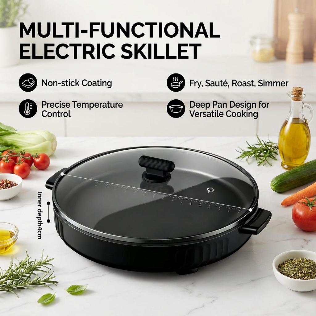 Multi-Functional Electric Skillet & Grill 4cm Extra Deep Non-Stick Surface Easy to Clean Perfect for Breakfast Pancakes Eggs Daily Cooking