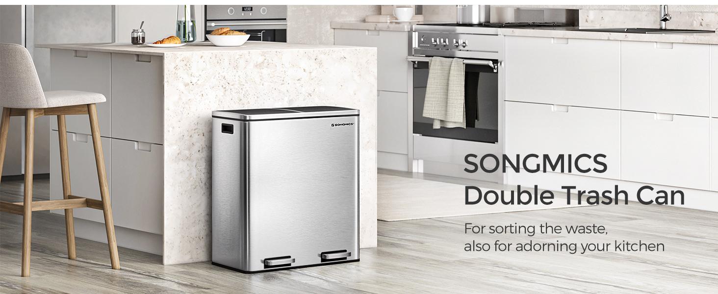 【Deals For You】SONGMICS Stainless Steel Trash Can Garage Can Multi-Compartment Plastic Inner Buckets and Hinged Lids Soft Closure Kitchen 【Deals For You】SONGMICS Stainless Steel Trash Can Garage Can Multi-Compartment Plastic Inner Buckets and Hinged Lids Soft Closure Kitchen