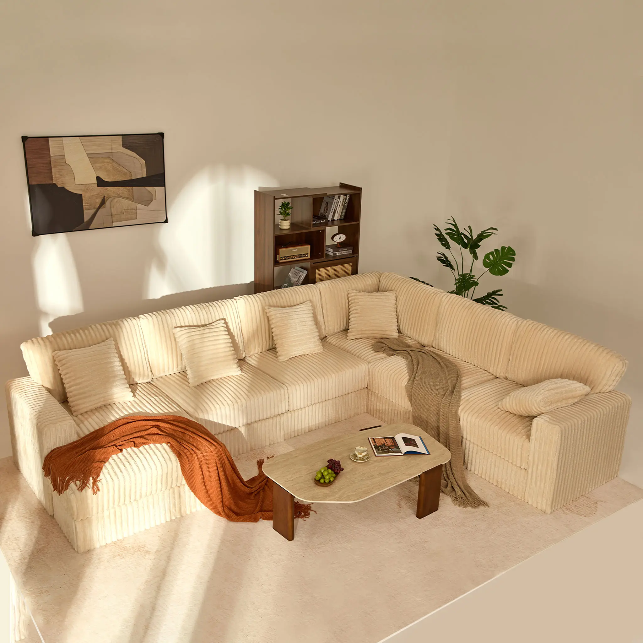 【6 Packages Shipping】Queen Sofa,Cloud Couch 139" U-Shaped Sectional Sofa, Oversized 7-Seater Modular Couch with Corduroy Upholstery, Deep Seats, High Backrest & Pocket Spring Cushions for Living Room, Left Facing Chaise