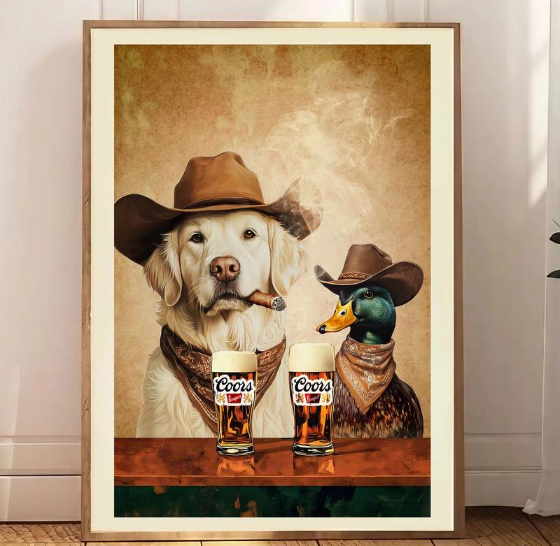 Dogs Cowboy light one up and chill Brew Print, Dogs Neutral Aesthetic Vintage Art, Funky Western Art Wall Art, Unique Gift for Men Dad frameless