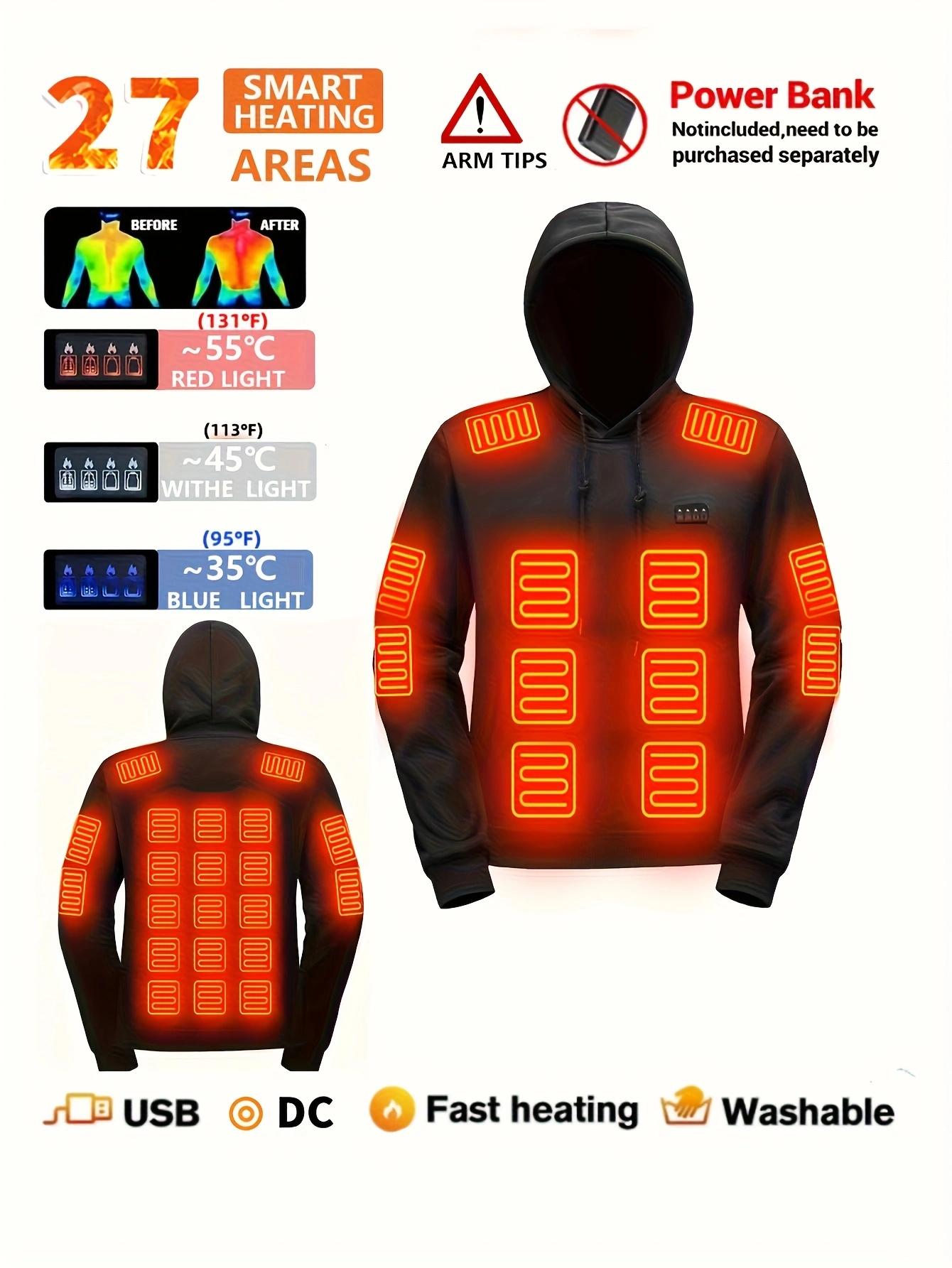 Men's Heated Hoodie - 27 Heating Zones, with Pocket Design, Adjustable Hood Circumference, USB-Powered Warm Sweater, Suitable for Winter Sports and Outdoor Activities 【Power Bank Required】