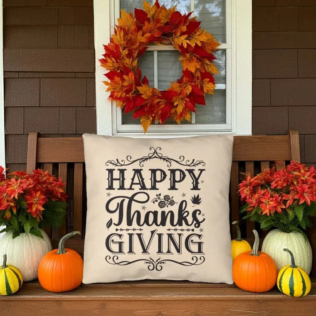 Happy Thanksgiving Decorative Pillow –Vintage Style Indoor/Outdoor Cushion – 3 Sizes