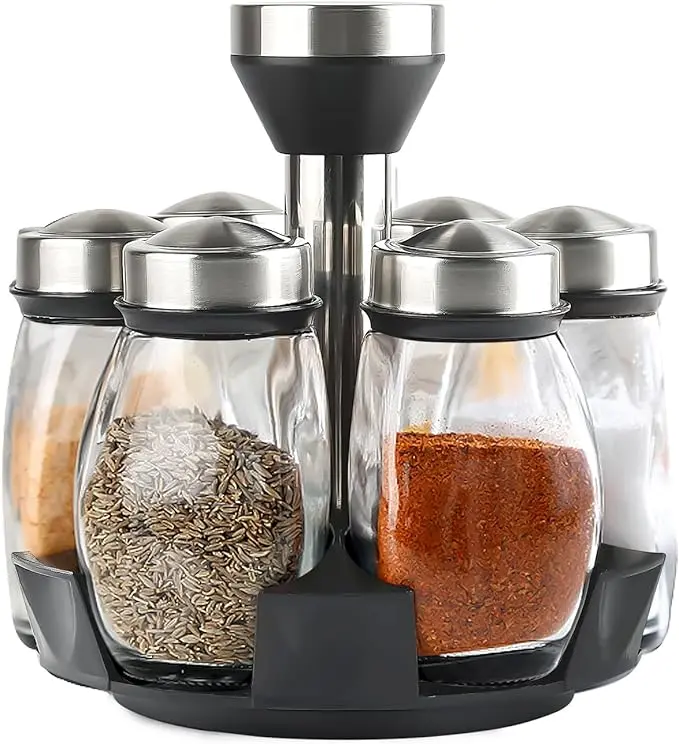 Stainless Steel Wet-Proof Cover Corrosion-Resistant 360° Rotatable Space-Saver Spice Rack Organizer Tower Set with 6 BPA-Free Glass Canisters/Bottles for Quick Access to Kitchen Seasonings