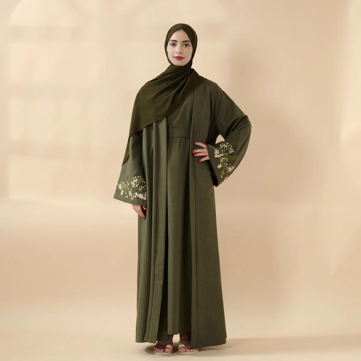 Olive Branch Embroidered Linen Abaya Set | 4-Piece Handmade Design | Jasmine & abaya coats | Symbol of Peace & Resilience | Includes Open Abaya, Inner Dress, Hijab, Belt | Modest Fashion | Full-Length, Wide Sleeves | Perfect for Weddings elega