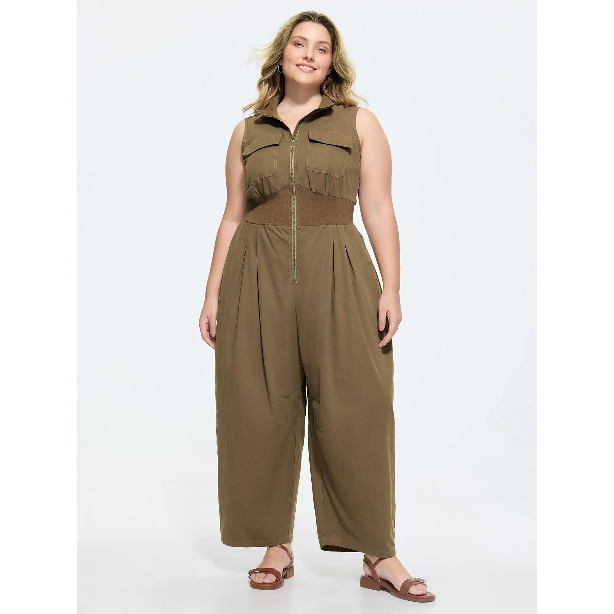 BloomChic Plus Size Casual Solid Jumpsuit, a Basic Stretch Cotton Garment with a Pleated Waist, Cargo Pockets, and Cropped Legs, Fit, Fabric, Sleeveless, Cropped Length, Low Iron, Spandex Mix, Cold Wash, Above The Knee, Do Not Tumble Dry, Patchwork, Smoot
