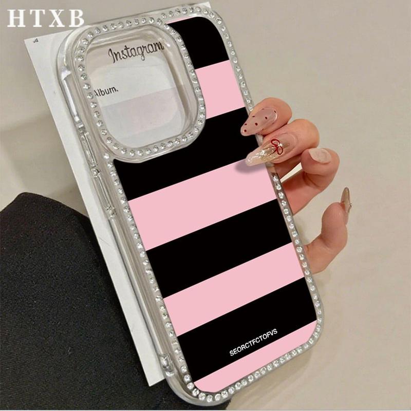 HTXB Pink And Black Striped Letters Pattern Double-Sided Diamond Transparent Mobile Phone Case Thin Light TPE Material For iPhone 17 Pro Air 16 15 14 13 12 11 Pro Max Plus Air 16e Christmas Valentine's Day Gifts