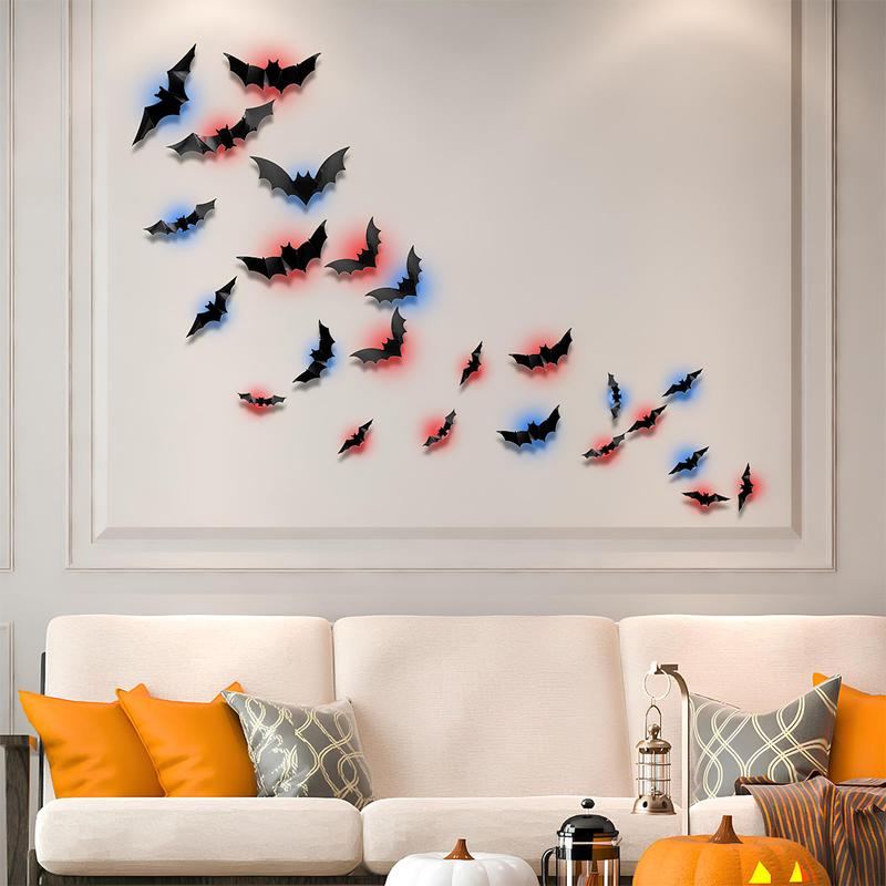 Halloween 3D Lighted Bats, 2025 New 3D Led Bats Lighted Stickers Decor Light - Hanging Wall Luminous Glow Clings for Home Bar Halloween Party (Bats-12pcs)