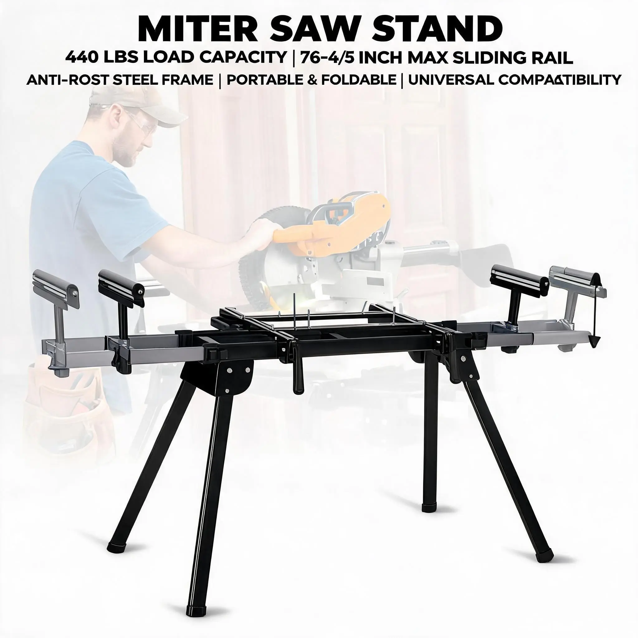 GARVEE 440 LBS Capacity Miter Saw Stand, Universal Folding Saw Stand with 76-4/5 In Sliding Rail, Portable Steel Miter Saw Table with Height-Adjustable Support Rollers & Repeat Cutting End Stops