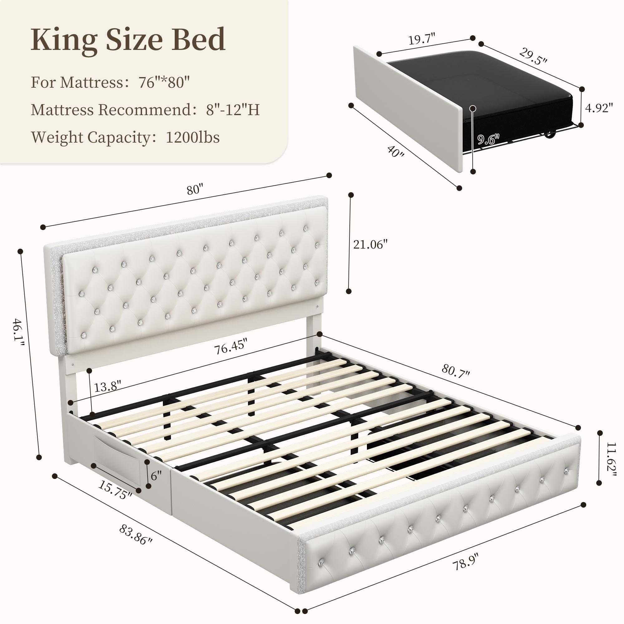 Sibeds Full LED Galaxy Bed Frame Set, Modern Smart Upholstered Platform Bed with Storage Drawers, Crystal Button Tufted Headboard, Solid Slat Support, Noise-Free, No Box Spring Needed, PU & Velvet, Black/White/Gray/Beige