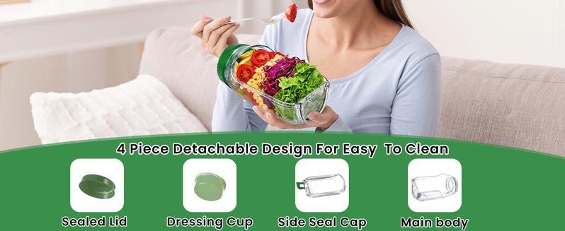 Salad Jar with Side Opening & Dressing Cup - Vertical Layering Salad Container for Lunch, Leakproof Design, Lid Converts to Bowl, BPA-Free for Office, Picnic, Travel, Meal Prep (Green)