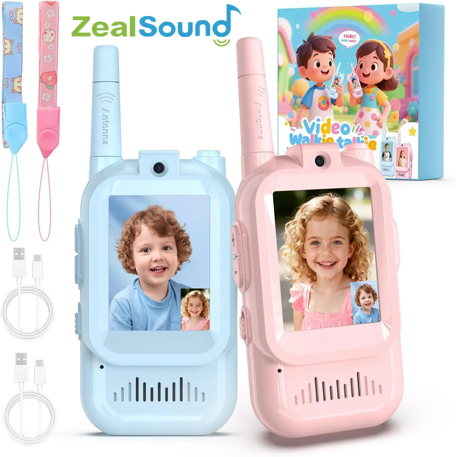 ZealSound Kids' Video Walkie Talkies (2-Pack, Blue+Pink) with HD Camera, Voice Changer, Adjustable Volume Control, 4 Video Effects & Real-Time Calls – Hiking Toy Gift for Ages 3-12