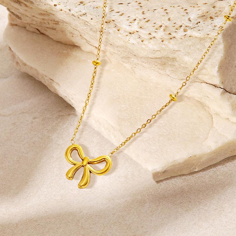 17KM 14K Gold Plated Bow Necklace for Women - Dainty Tiny Cute Bow Pendant Choker Chain - Adjustable Length with Lobster Clasp - Trendy Jewelry Gift