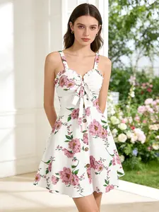 DRESSLILY 2026 Women's Dresses Floral Print Vacation Sundress Garden Party Dress Summer Ruffled Bowknot Mini Dress