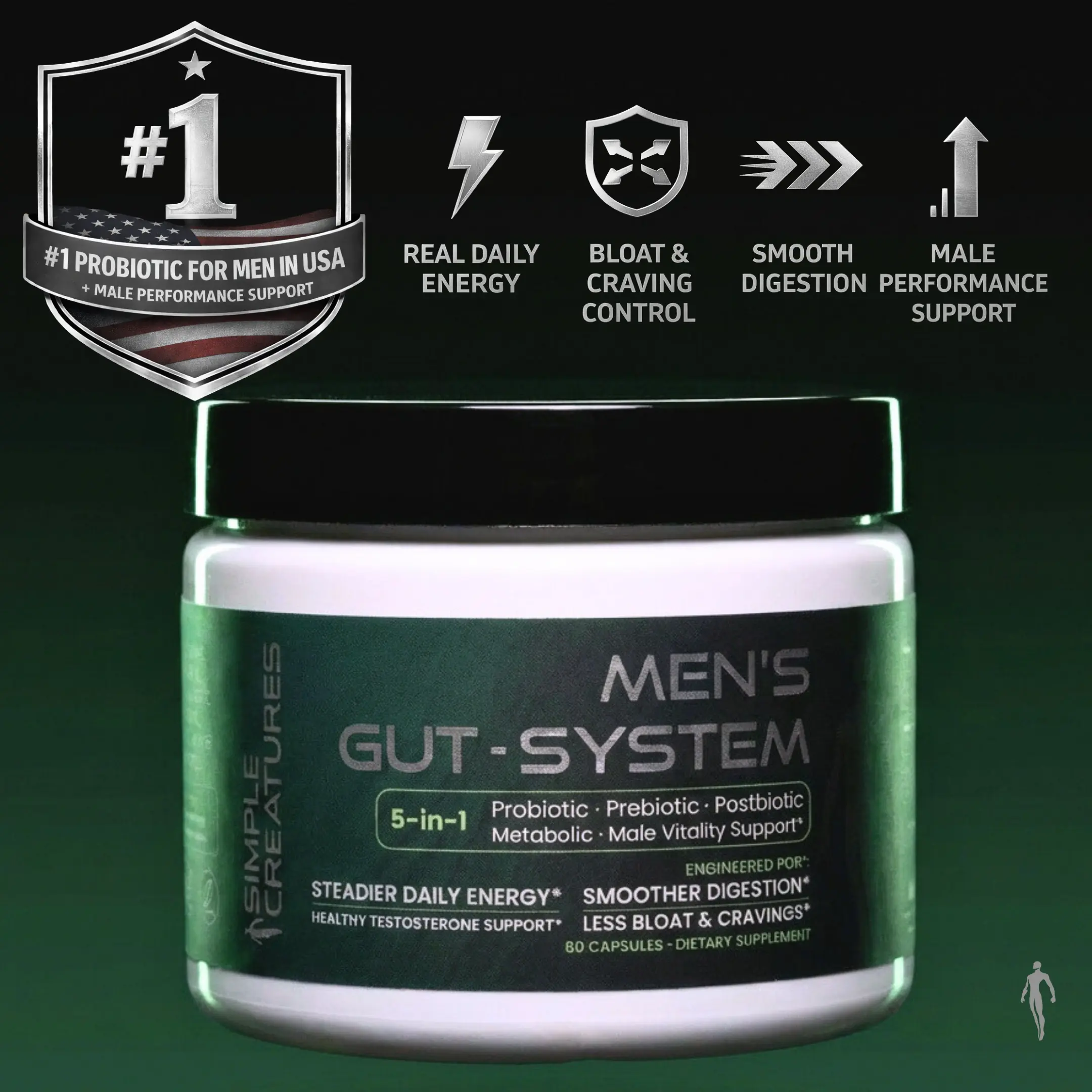 Simple Creatures Akkermansia Probiotic for Men – AKK11 5-in-1: Craving Control · Gut Barrier · Male Drive · Debloat · Energy | Probiotic Prebiotic Postbiotic | Tongkat Ali & Boron | 60 Caps