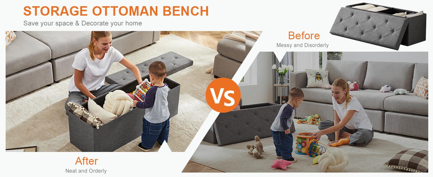 Storage Ottoman Bench, Folding Ottoman Stool, Storage Chest, End of Bed Bench, Padded Seat for Bedroom, Living Room