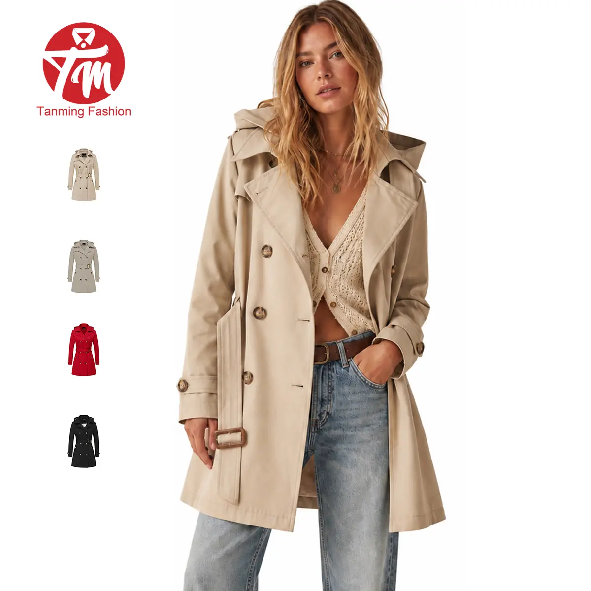 Tanming Women's Polyester Trench Coat - Double-Breasted, Classic Lapel, Belted Slim Outerwear with Buttons, Detachable Hood, Button