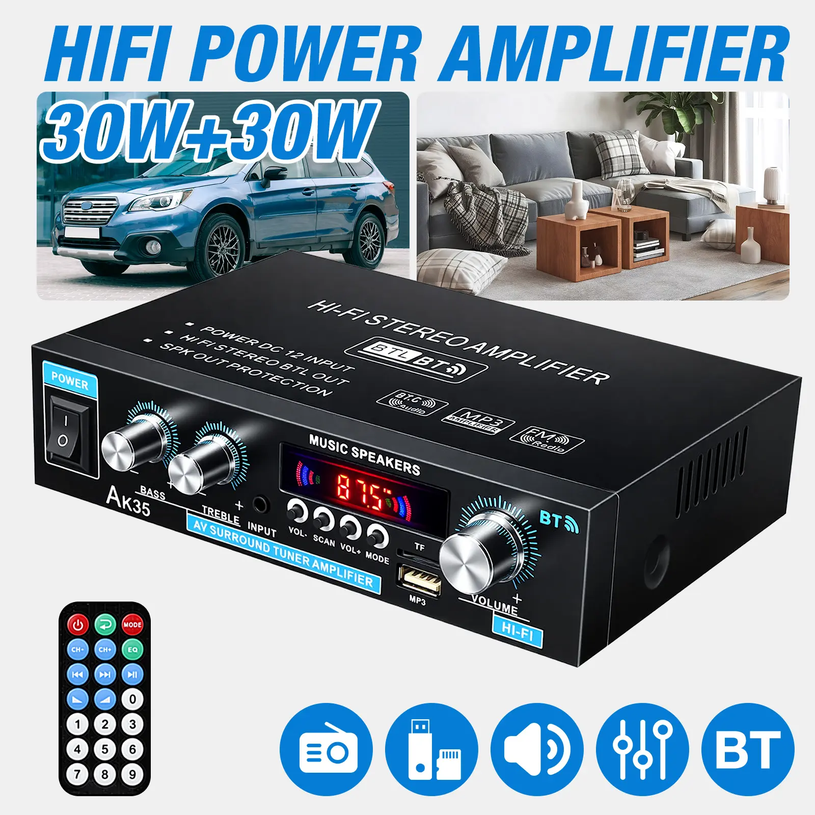 AK35 Bluetooth 5.0 Compact Mini Audio Amplifier - 2.0 Channel 30W+30W Car Audio Stereo Receiver with Bass/Treble Control, for Car Home HiFi Sound System