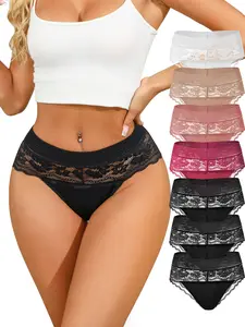DORSU 7PCS Sexy Women High Waist Lace Panties Comfortable Breathable Fabric Underwear Set Valentine's Day Gift