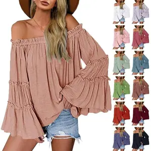Womens Off The Shoulder Long Bell Sleeve Tops Flared Casual Loose Blouse