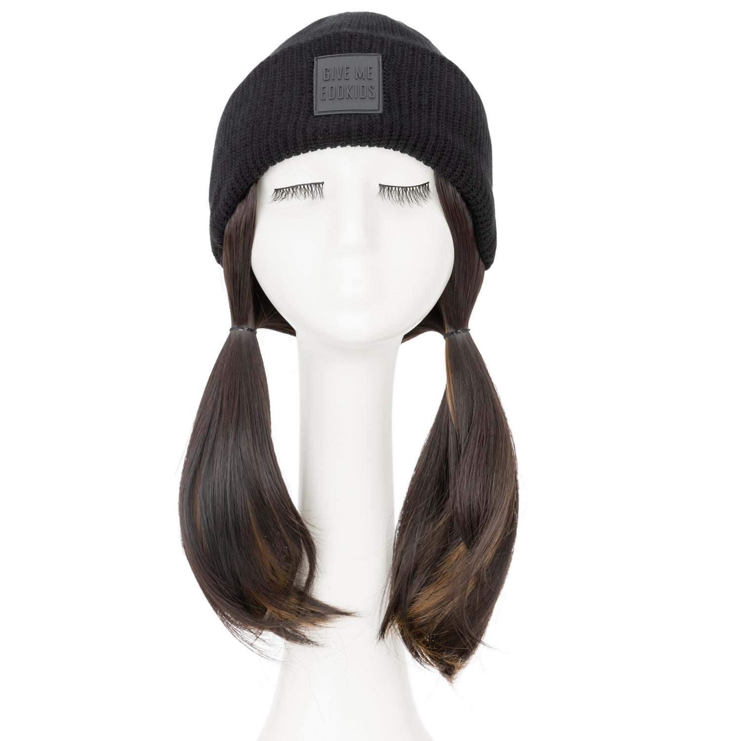 11" Knited Hat Wig Beanie Hat With Long Straight High Temperature Fiber Hair Extensions Knit Rib HatAttached Synthetic Hairpiece Elegant Black Warm Woven Wig Cap For Women Fall And Winter Brown Blonde Balayage