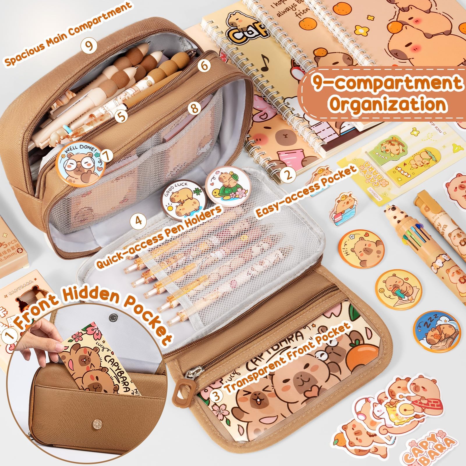 Fimibuke School Supplies 36PCS Cute Capybara Stationery Set with Pencil Case Gel Pens Pencil Stickers Pins Notebooks Sticky Notes Kawaii Birthday Gifts for Kindergarten Elementary