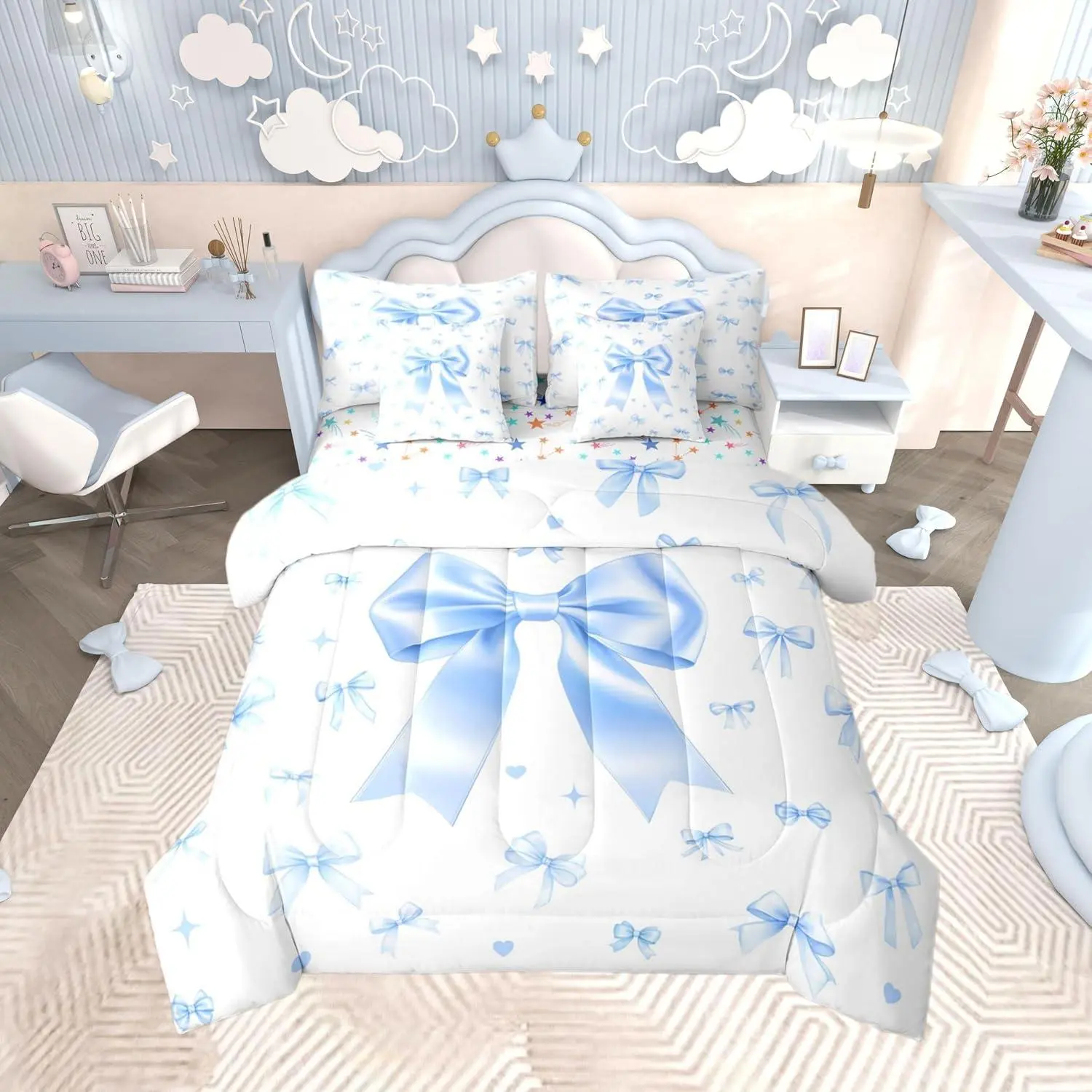 Feelyou 7-Piece Multi-Size Kawaii Princess Bow Motif Comforter Set for Bedrooms - Includes Comforter,Flat Sheet,Fitted Sheet,Pillowcases,Machine Washable Ribbon Bowknot Blanket