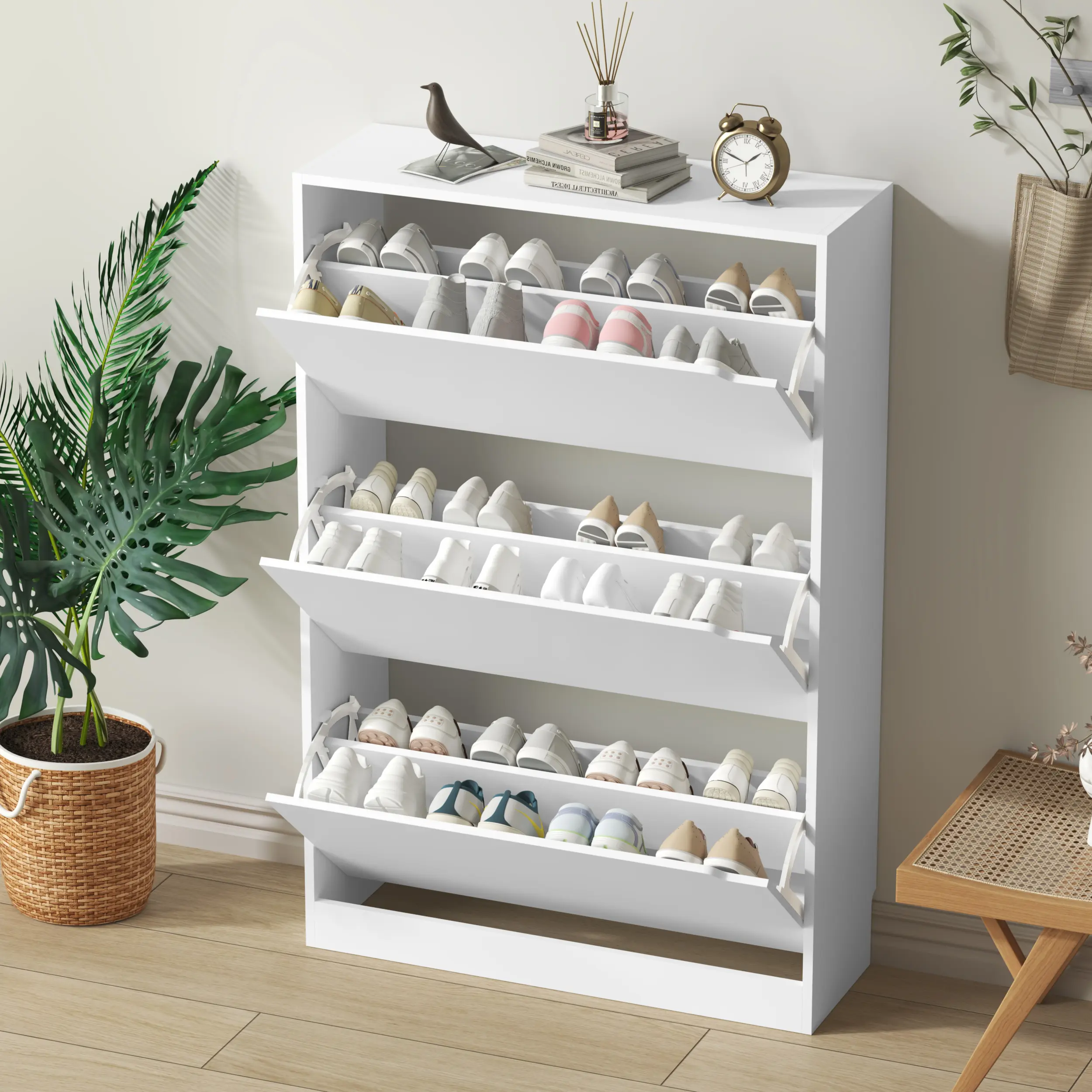 Natural Finish Adjustable Shoe Cabinet with Hidden Storage，Shoe Storage Cabinet with 3 Flip Drawers,Narrow Shoe Rack Cabinet,Freestanding Organizer Storage for small-sized multifunctional furniture White fathers day gift ideas,dorm essentials,home decor