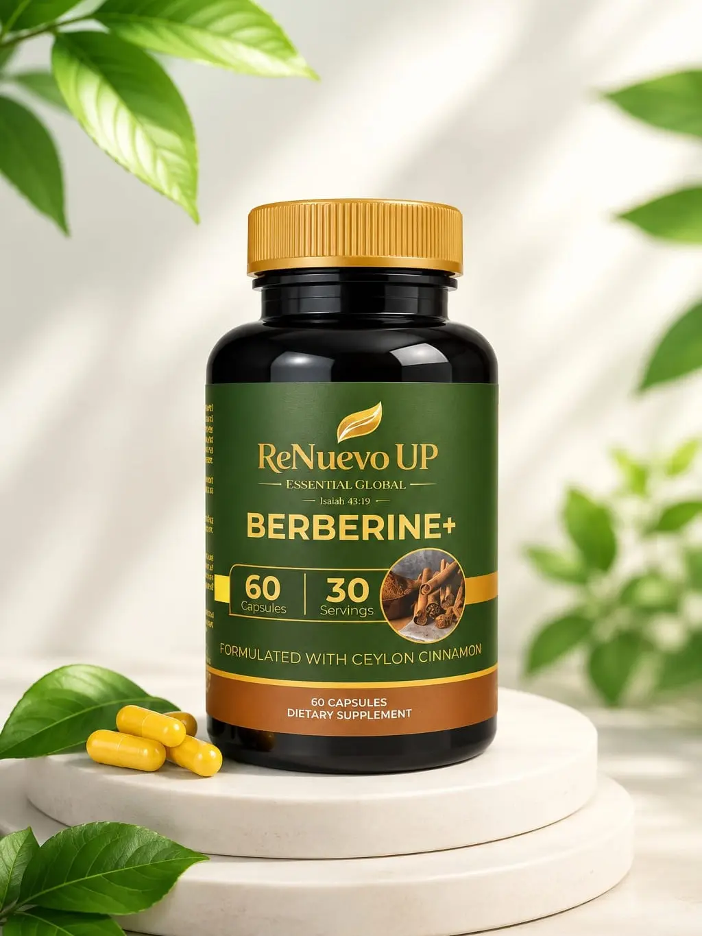 ReNuevo UP Berberine+ con Canela de Ceylán | 1000 mg de Berberina + 200 mg de Canela de Ceylán | 60 Cápsulas Vegetarianas | 30 Porciones | Suplemento Dietético