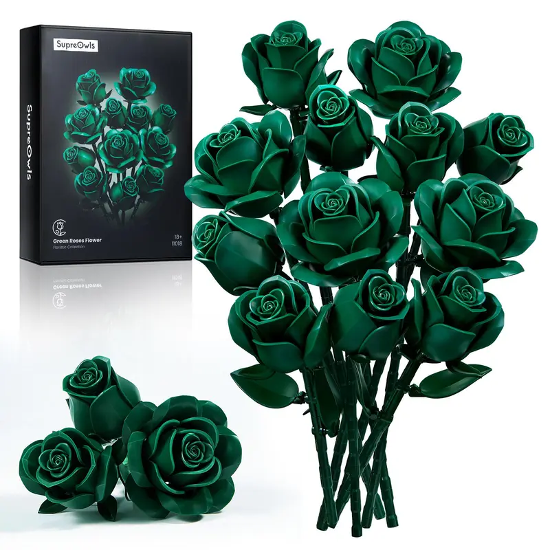 Supreowls Durable Green Rose Flowers DIY Building Blocks Set - ABS Bricks Gothic Floral Craft Kit for Adults, Piece-by-Piece Calming Activity, Elegant Goth Décor, 3D Decorative Plant Ornament, Holiday Gift