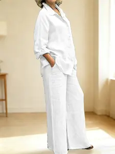 Plus Size - Plus Size - A Casual And Stylish Urban Outfit Consisting of a Two-Piece Shirt And Wide-Leg Pants, Perfect for Comfortable Home Wear in Any Season And for Everyday Use