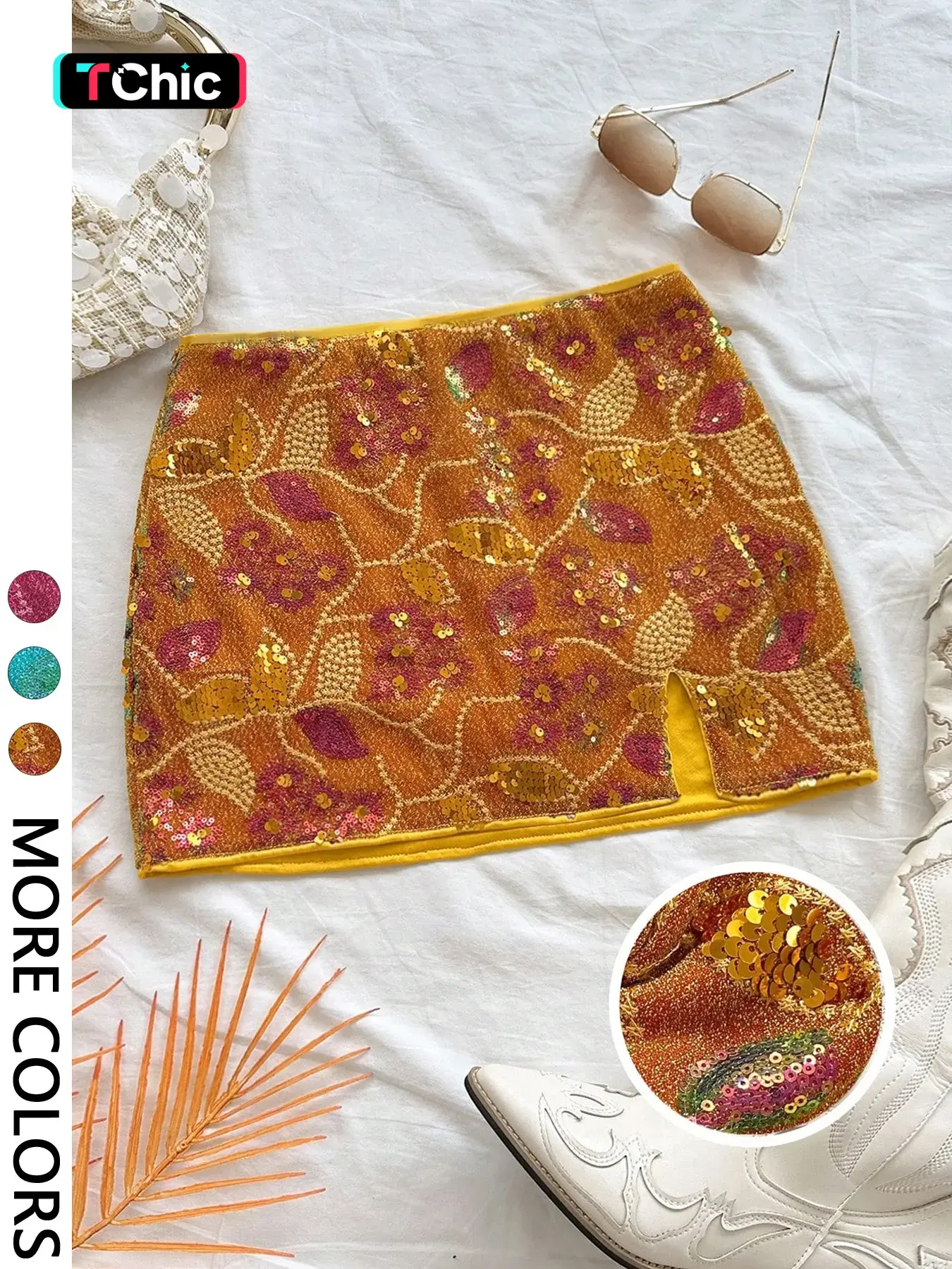 Women's Floral Sequin Mini Skirt, High Waist Side Slit Bodycon Skirt, Boho Glam Style Bottoms for Night Out, Festival and Party Club Wear, Bohemian Split Hem Skirt, Summer Skirts, Stylish Bodycon Skirt, Boho Hippie Skirt