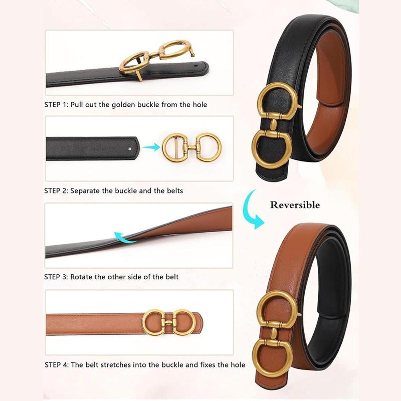 Fashion Elegant Women Reversible PU Leather Belt Vintage Two-in-One Dress Long Coats Belts Ladies Accessories with Golden Buckle