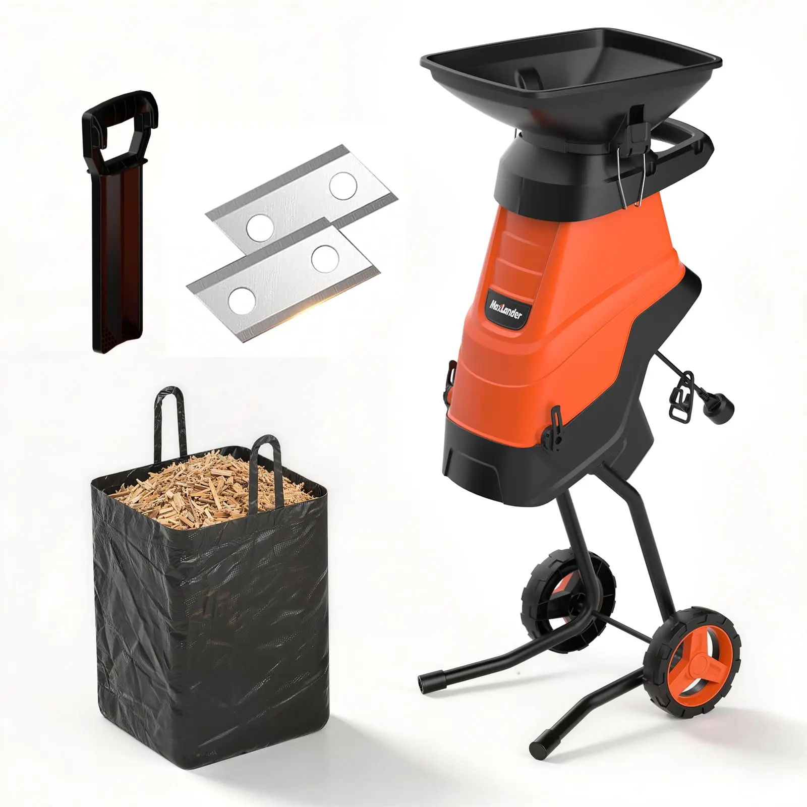 MAXLANDER 15-Amp Electric Wood Chipper & Shredder, 1.75-Inch / 1.78-Inch Cutting Capacity, Yard Waste Mulcher for Composting Branches & Twigs, Includes Collection Bag — Outdoor Power Tool Saws Blade, Homeowners, Paddle Handle