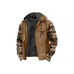 Men'S Western Southern Style Fleece Jacket - Loose Fit Full-Zip Hooded Coat with Turquoise/Black/Brown Geometric Print, Insulated Warmth, Machine Washable, Southwest Print Design, Functional Pockets & No - Casual Streetwear for Autumn WinterGift