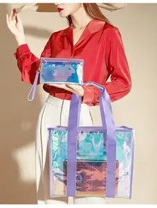 Beach Tote Bag For Women 26L Waterproof Sandproof Beach Bag With Zipper Pouch, Jacquard Strap Iridescent Clear Tote Bag For Vacation, Holiday, Travel, Beach, Swimming, Pool, Cruise, Boat Bag