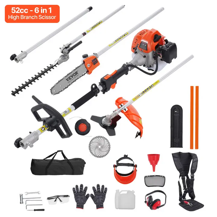 VEVOR 52CC Engine Multi-Use Lightweight Gas Lawn Equipment Kit - 6-in-1 Hedge Trimmer, Weed Eater, String Trimmer, Brush Cutter, Edger, Pole Saw Pruner, Blade, Shoulder Strap, Glove+Ear Protect, Reduces Arm Strain, 40-Min Tank Runtime, Father's Day Gift,,