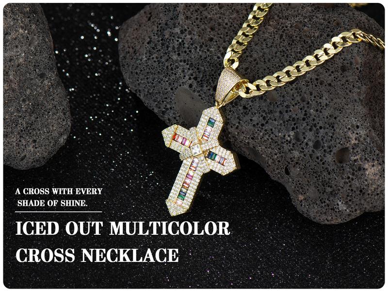 Holylegend 14K Real Gold Plated Multicolor & Green Cross Necklace for Women and Men, Tarnish-Free Iced Out Pendant with 5A CZ, Cuban and Rope Chain, Hip Hop Bling Jewelry Gift